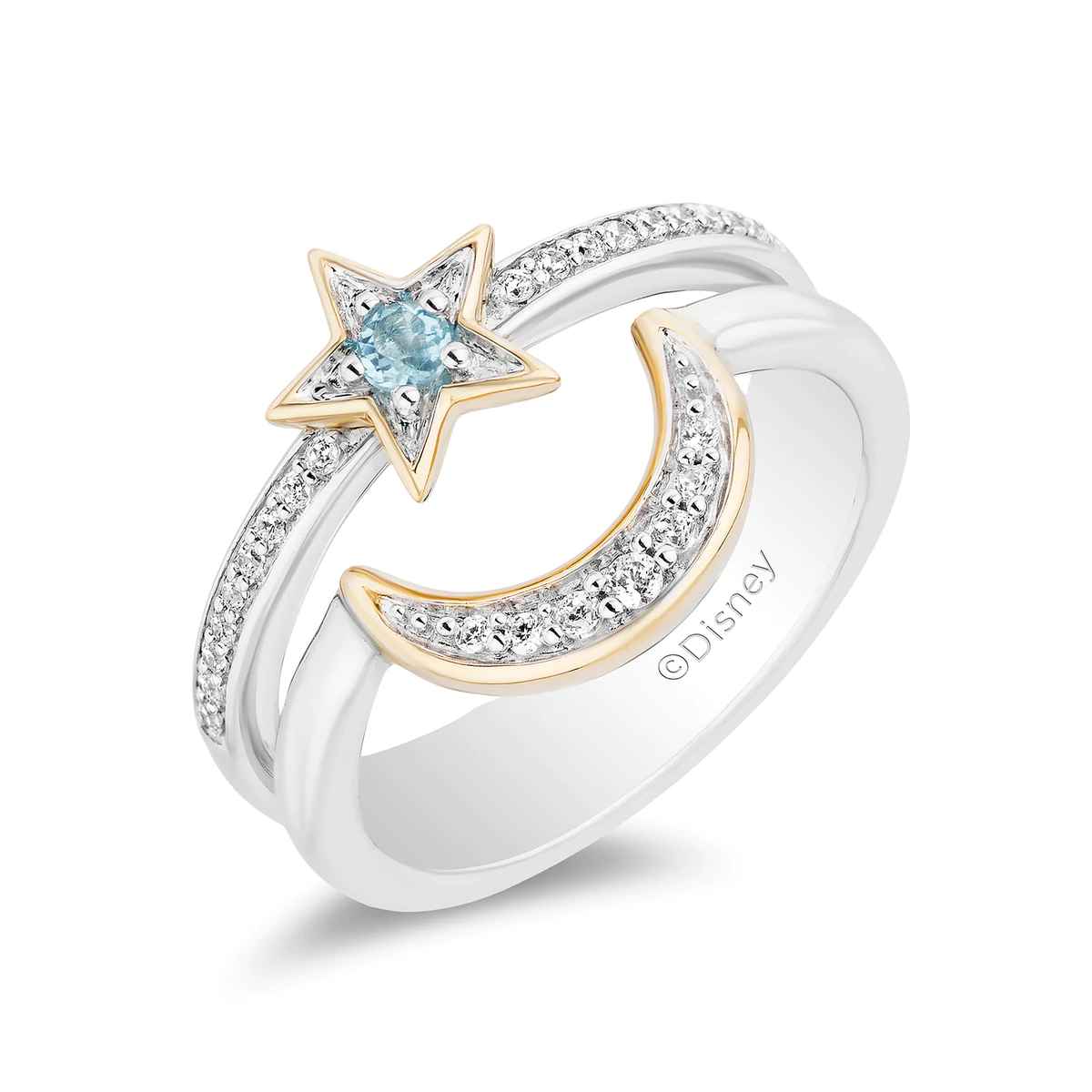 Enchanted Disney Fine Jewelry Sterling Silver and 10K Yellow Gold with 1/6 CTTW Diamond and Swiss Blue Topaz Aladdin 30th Anniversary Jasmine Ring