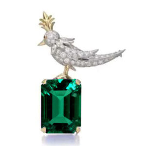 Schlumberger Bird On A Rock Green Emerald Cut Stone Brooch, 925 Sterling Silver Brooch, Bird Brooch with Green Stone Brooch, Unisex Brooch