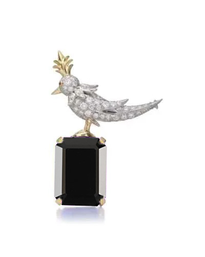 Schlumberger Bird Black Emerald Cut Stone Brooch, 925 Sterling Silver Brooch, Bird Brooch with Black Stone Brooch, Unisex Brooch