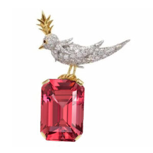 Schlumberger Bird On A Rock Pink Tourmaline Emerald Cut Stone Brooch, 925 Sterling Silver Brooch, Bird Brooch with Pink Tourmaline Stone Brooch, Unisex Brooch - Image 1