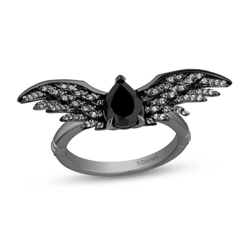 Enchanted Disney Villains Maleficent Pear-Shaped Onyx and 1/4 CT. T.W. Diamond Wings Ring in Sterling Silver