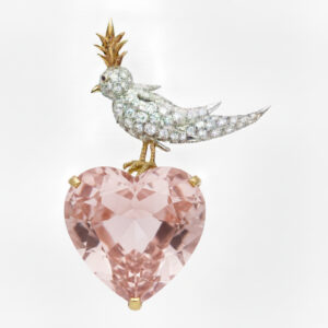 Bird on a Rock, Heart Cut Stone Schlumberger Brooch, 925 Sterling Silver Brooch, Bird Brooch with Morganite Pink Stone Brooch, Unisex Brooch - Image 1