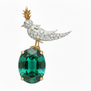 Bird On A Rock, Oval Cut Stone Schlumberger Brooch, 925 Sterling Silver Brooch, Bird Brooch with Green Stone Brooch, Unisex Brooch - Image 1