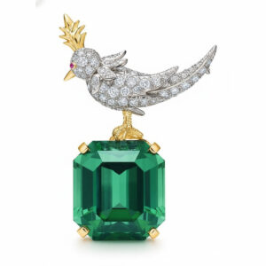 Bird On A Rock, Emerald Green Asscher Cut Stone Schlumberger Brooch, 925 Sterling Silver Brooch, Bird Brooch with Emerald Green Stone Brooch, Unisex Brooch