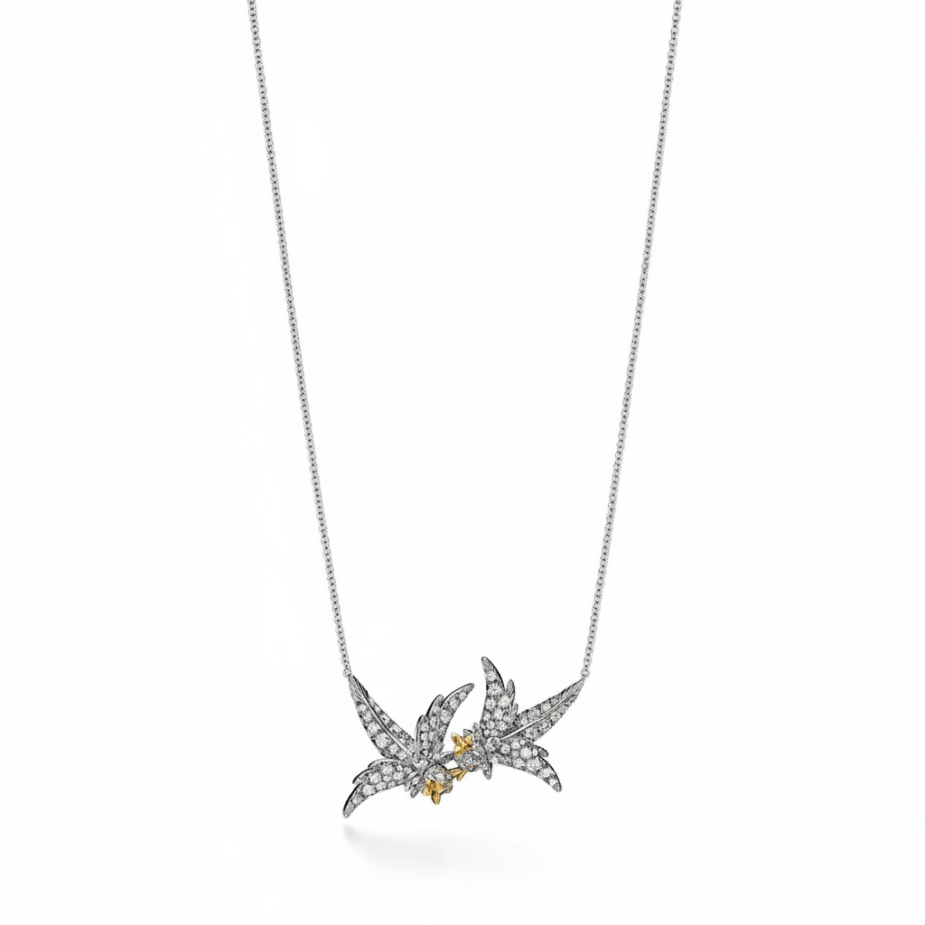 Bird On A Rock, Lovebird Schlumberger Necklace, 925 Sterling Silver, Bird Necklace