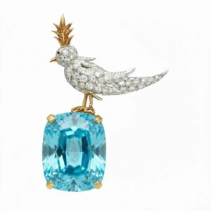 Ready to Ship - Schlumberger Bird On A Rock Aqua Cushion Cut Stone Brooch, 925 Sterling Silver Brooch, Bird Brooch with Aqua Stone Brooch, Unisex Brooch