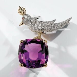 Bird On A Rock, Amethyst Cushion Cut Stone Schlumberger Brooch, 925 Sterling Silver Brooch, Bird Brooch with Amethyst Cushion Stone Brooch, Unisex Brooch