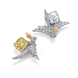 Bird On A Rock, Lovebird Schlumberger Earrings, White - Cushion Cut Diamond Earrings, Gift Earrings