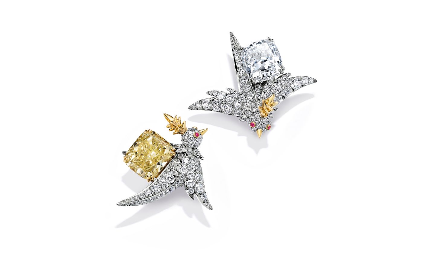 Bird On A Rock, Lovebird Schlumberger Earrings, White - Cushion Cut Diamond Earrings, Gift Earrings