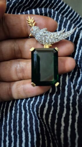 Schlumberger Bird On A Rock Green Emerald Cut Stone Brooch, 925 Sterling Silver Brooch, Bird Brooch with Green Stone Brooch, Unisex Brooch photo review