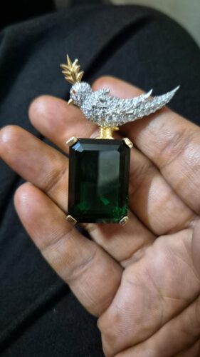 Click to view full screen Schlumberger Bird On A Rock Green Emerald Cut Stone Brooch, 925 Sterling Silver Brooch, Bird Brooch with Green Stone Brooch, Unisex Brooch photo review