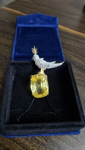 Click to view full screen Ready to ship - Schlumberger Bird On A Rock Yellow Cushion Cut Stone Brooch, 925 Sterling Silver Brooch, Bird Brooch with Yellow Stone Brooch, Unisex Brooch photo review