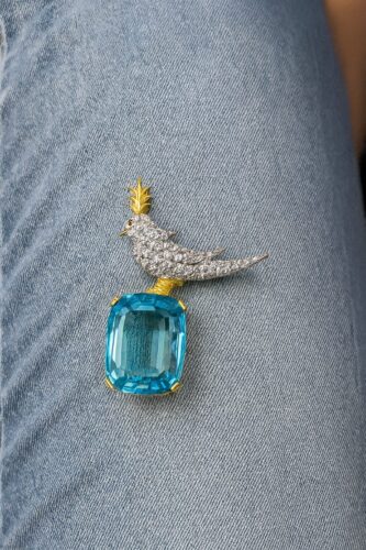 Click to view full screen Ready to Ship - Schlumberger Bird On A Rock Aqua Cushion Cut Stone Brooch, 925 Sterling Silver Brooch, Bird Brooch with Aqua Stone Brooch, Unisex Brooch photo review