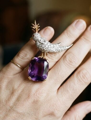Schlumberger Bird On A Rock Amethyst Cushion Cut Stone Brooch, 925 Sterling Silver Brooch, Bird Brooch with Amethyst Stone Brooch, Unisex Brooch photo review