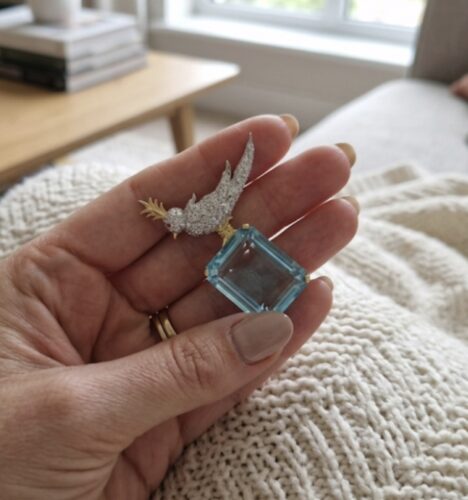 Schlumberger Bird On A Rock Aqua Emerald Cut Stone Brooch, 925 Sterling Silver Brooch, Bird Brooch with Aqua Stone Brooch, Unisex Brooch photo review