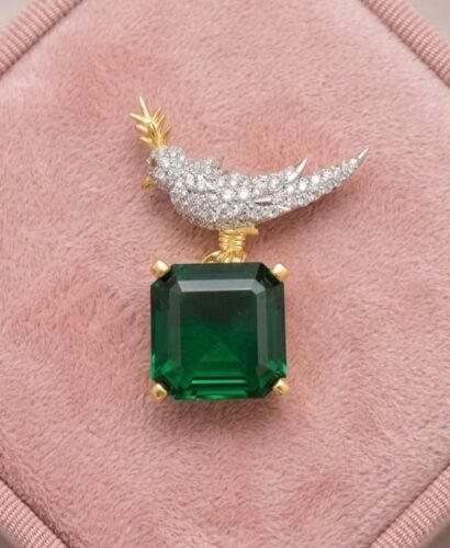 Bird On A Rock, Emerald Green Asscher Cut Stone Schlumberger Brooch, 925 Sterling Silver Brooch, Bird Brooch with Emerald Green Stone Brooch, Unisex Brooch photo review