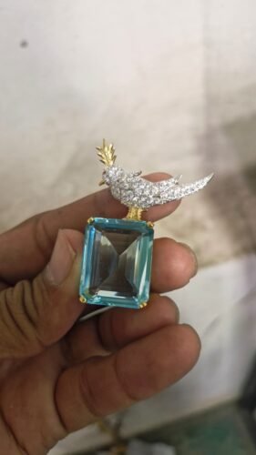 Click to view full screen Schlumberger Bird On A Rock Aqua Emerald Cut Stone Brooch, 925 Sterling Silver Brooch, Bird Brooch with Aqua Stone Brooch, Unisex Brooch photo review