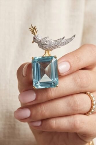 Click to view full screen Schlumberger Bird On A Rock Aqua Emerald Cut Stone Brooch, 925 Sterling Silver Brooch, Bird Brooch with Aqua Stone Brooch, Unisex Brooch photo review