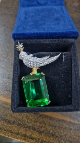 Schlumberger Bird On A Rock Green Emerald Cut Stone Brooch, 925 Sterling Silver Brooch, Bird Brooch with Green Stone Brooch, Unisex Brooch photo review