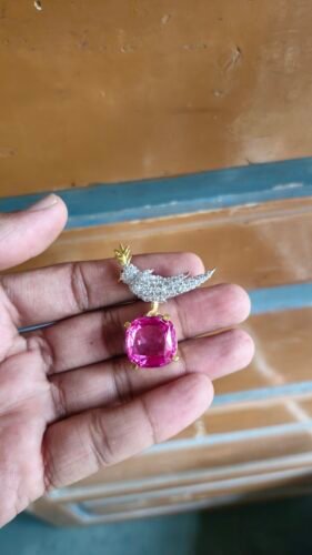 Click to view full screen Schlumberger Bird On A Rock Pink Cushion Cut Stone Brooch, 925 Sterling Silver Brooch, Bird Brooch with Pink Stone Brooch, Unisex Brooch photo review